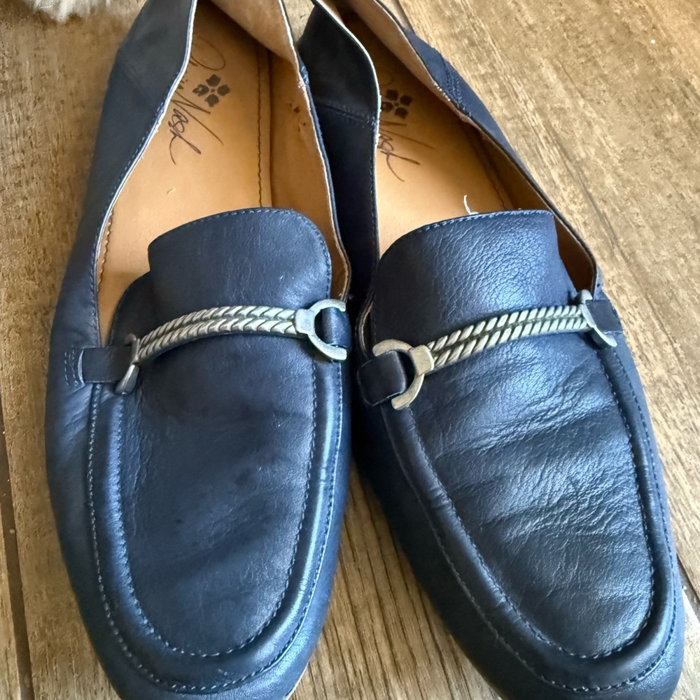 Patricia Nash Navy Blue Leather Loafers with metal Accent